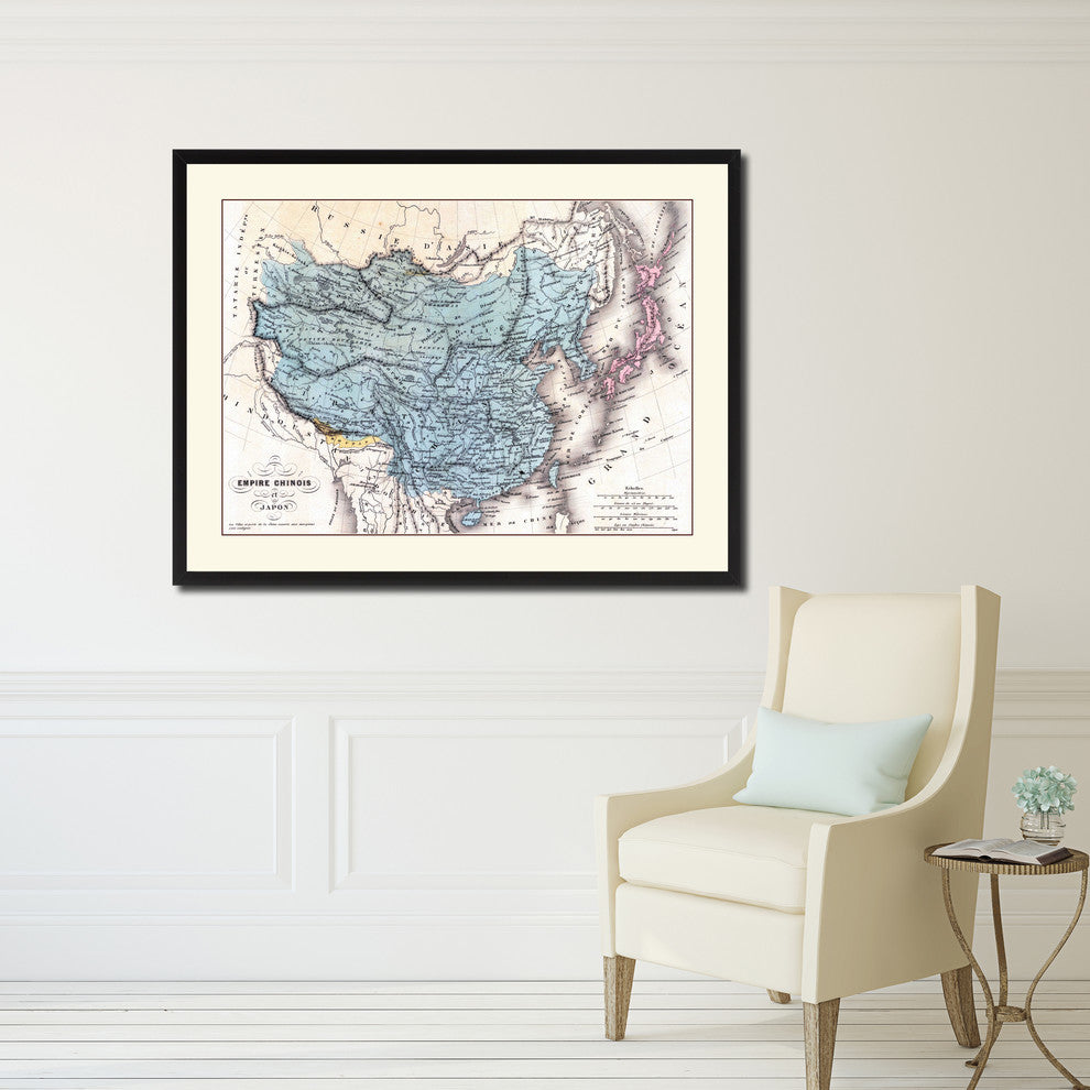 China, Japan, Korea Vintage Map Print On Canvas With Picture Frame, 28" X 37"
