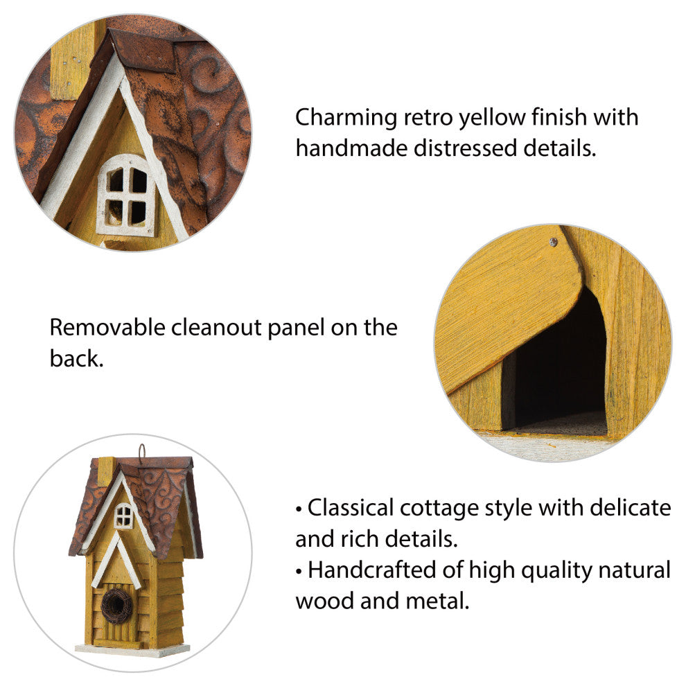 12"H Retro Distressed Solid Wood Cottage Birdhouse