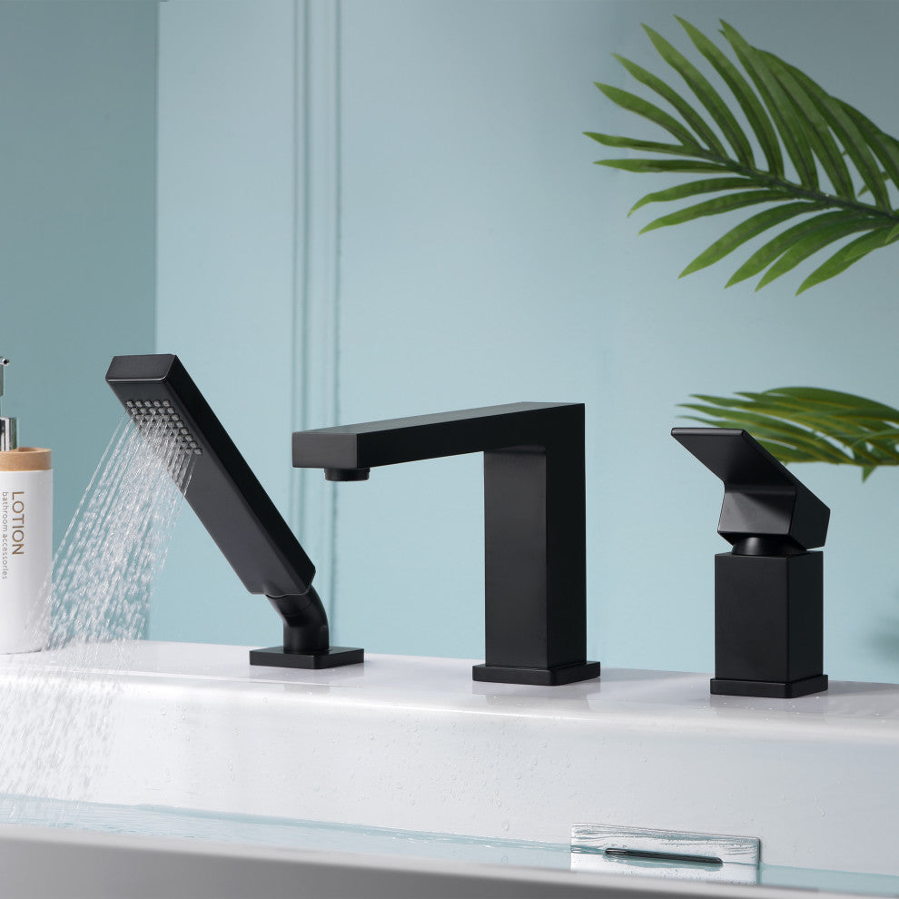 Luxier RTF17 Deck-Mount Roman Tub Faucet With Hand Shower, Matte Black