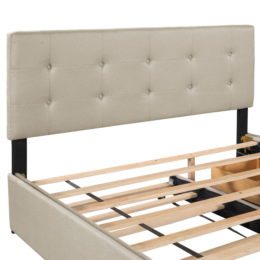 Queen Wood Frame Platform Bed with Drawers and Twin XL Trundle, Beige, Queen