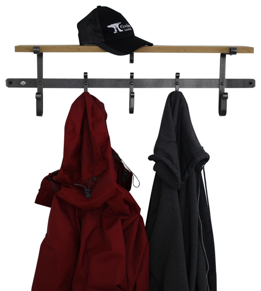 Handcrafted 36" Coat Rack with Solid Hard Wood Shelf & 5 Hooks Hammered Steel