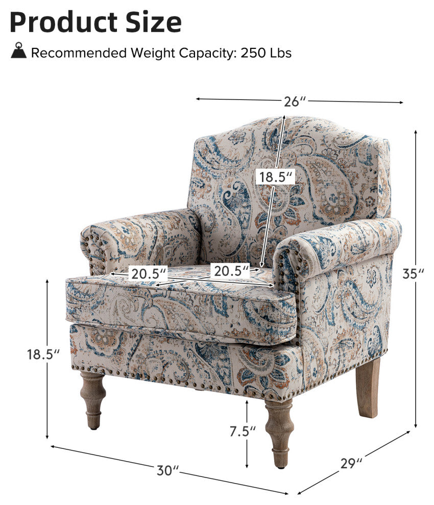 Lamber Wooden Upholstered Armchair With Camelback, Paisley
