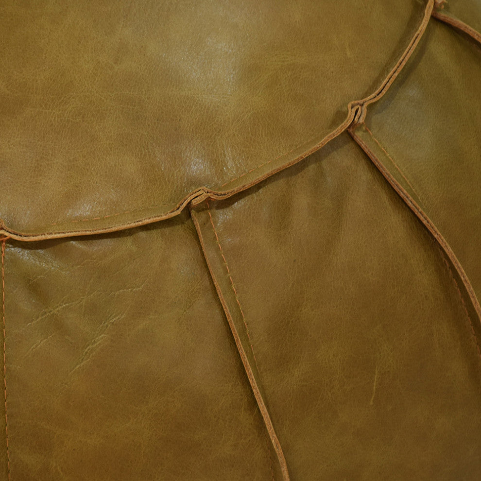 Handmade Leather Round Pouf (Recycled Foam with Fiber Fill) Cognac Color, 21x21x12