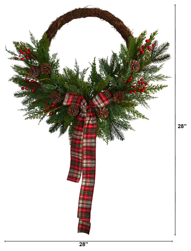 28" Pine and Pinecone Artificial Christmas Wreath With Decorative Bow