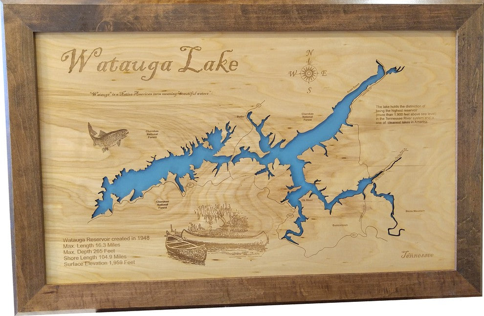 Watauga Lake, Tennessee-Wood Lake Map, Large Framed