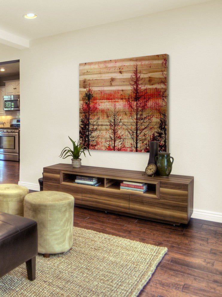 "Red Enchanted Forest" Print on Natural Pine Wood, 24"x24"