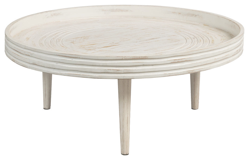 33" Coffee Table Mango Wood Round Top Grooved Edge Distressed White Finish
