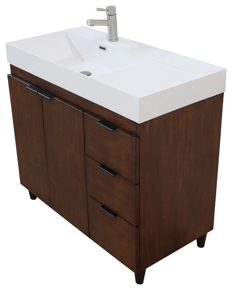 39" Single Sink Vanity, Walnut With White Composite Granite Top