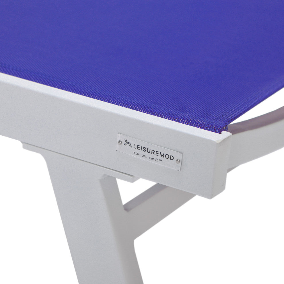 LeisureMod Marlin Patio Chaise Lounge Chair With Arms White Frame, Navy Blue