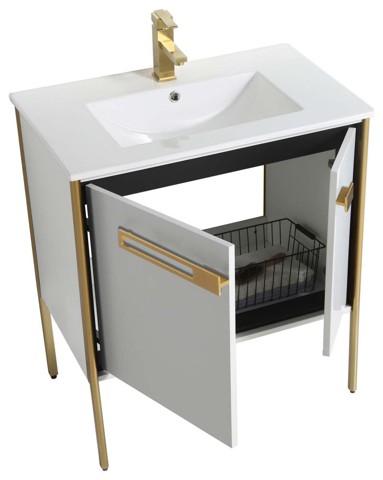 Oakville Bath Vanity, Ceramic Sink, White Matte, 30 Inch, Satin Brass Hardware