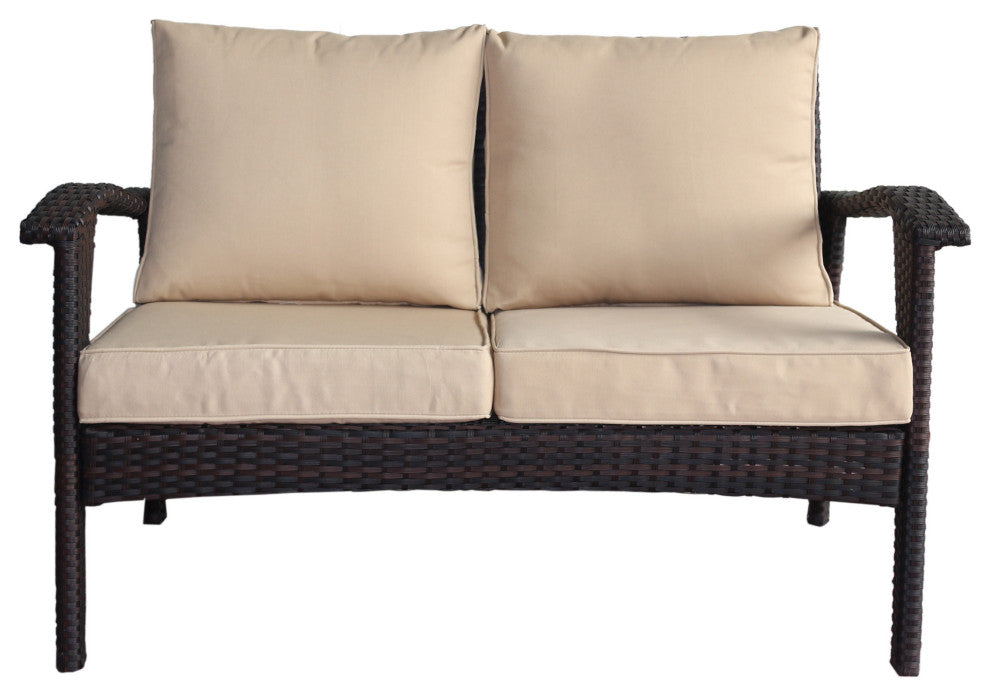 GDF Studio Hilary Outdoor Brown Wicker Loveseat With Water Resistant Cushions, Brown/Tan