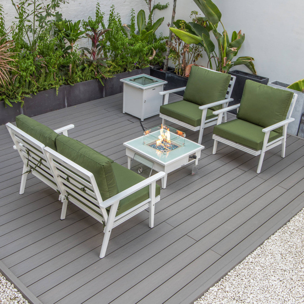 LeisureMod Walbrooke Patio Conversation Set With Fire Pit Table, Green