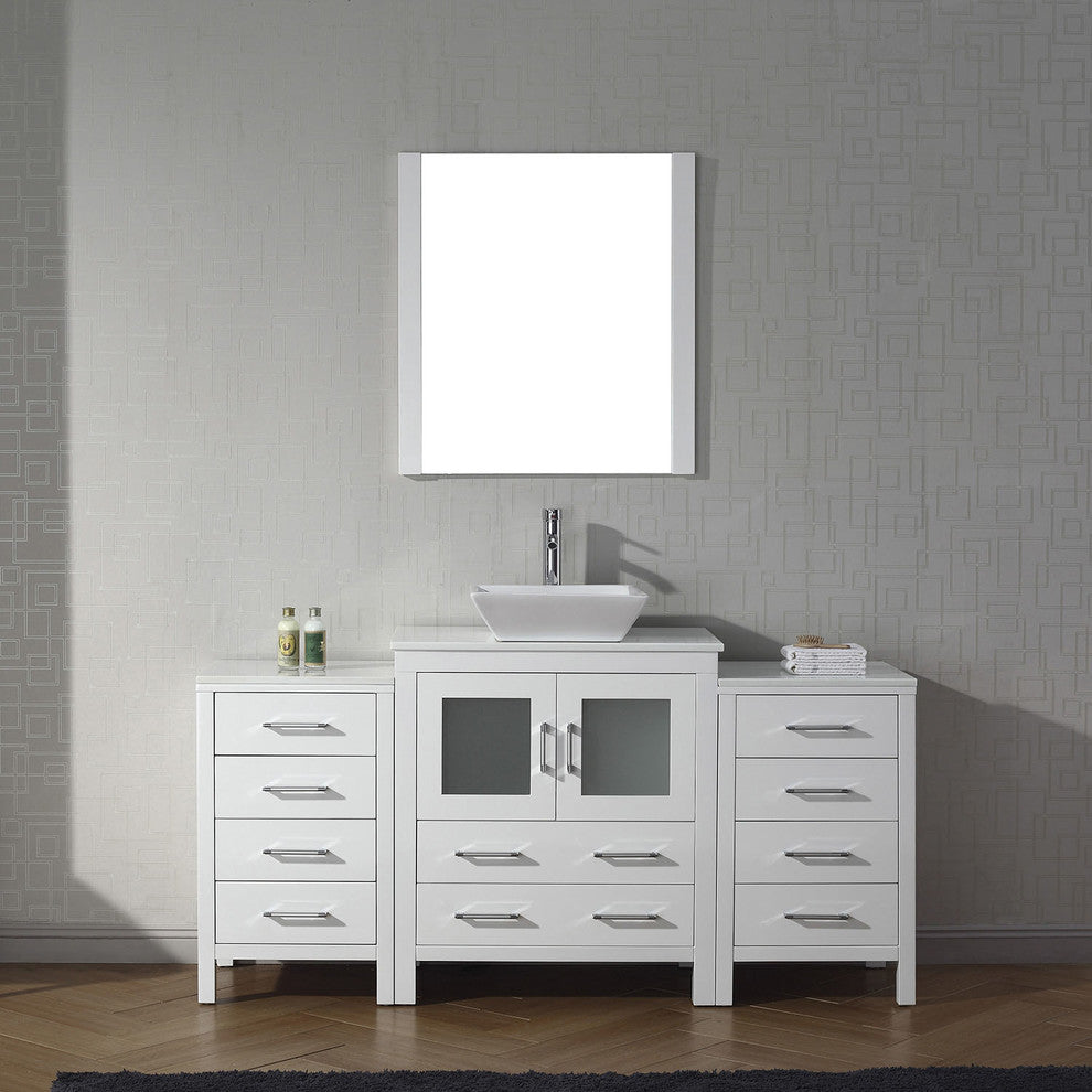 Virtu Dior 66" Single Bathroom Vanity, White With White Top, Faucet and Mirror