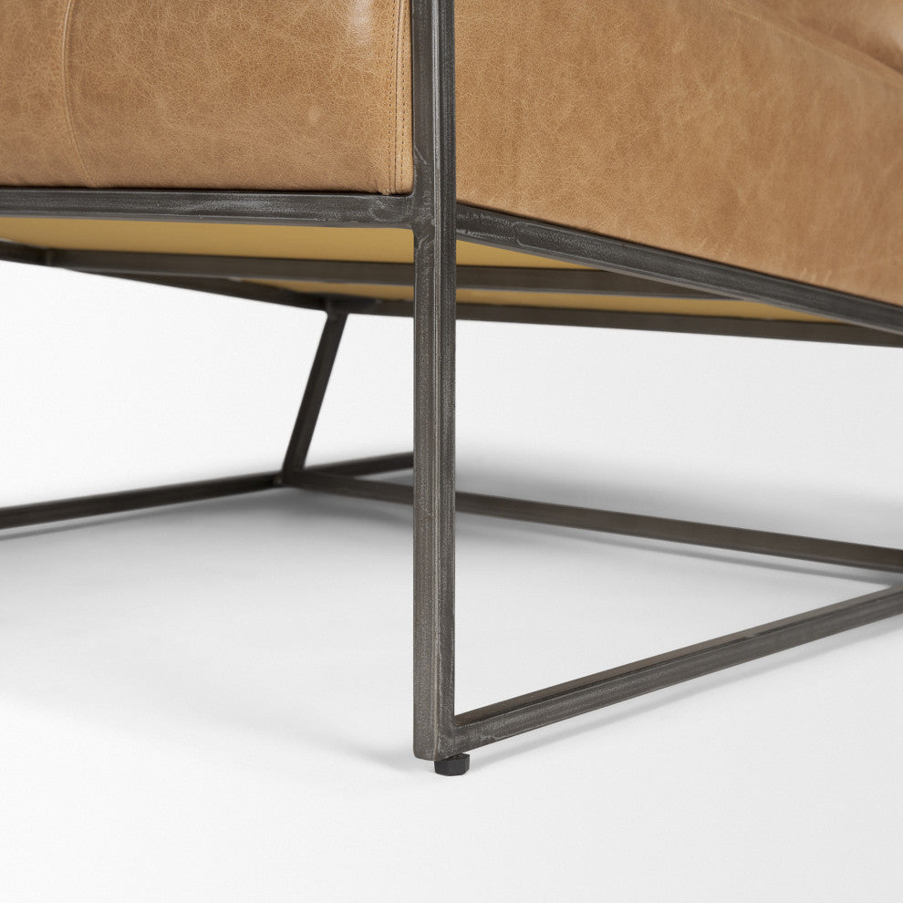 Stratton Gunmetal With Genuine Brown Leather Upholstered Accent Chair