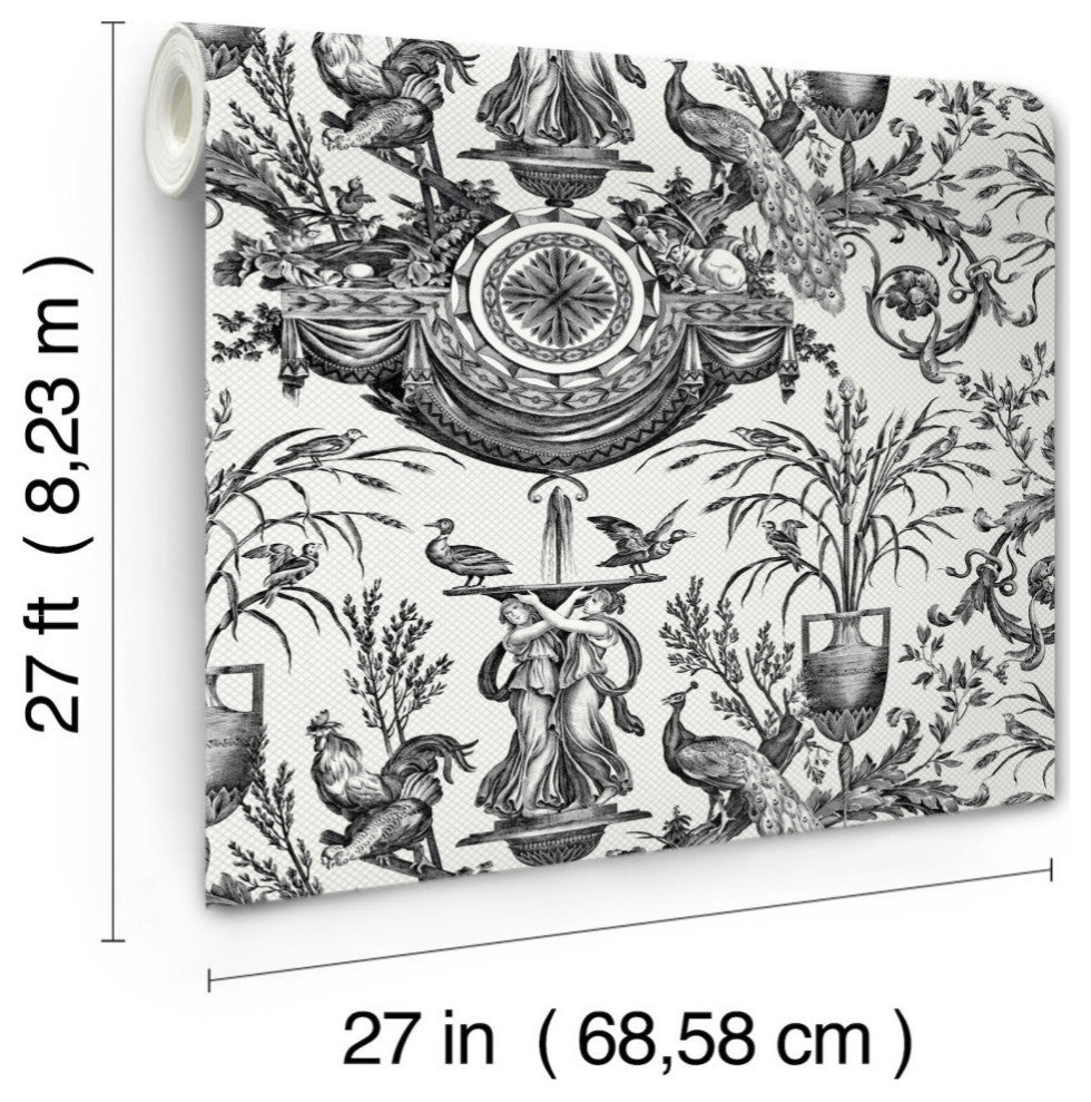 Avian Fountain Toile Black Wallpaper