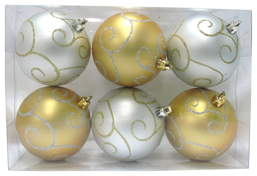6-Pack Gold And Silver Ball Ornament With Swirl Design