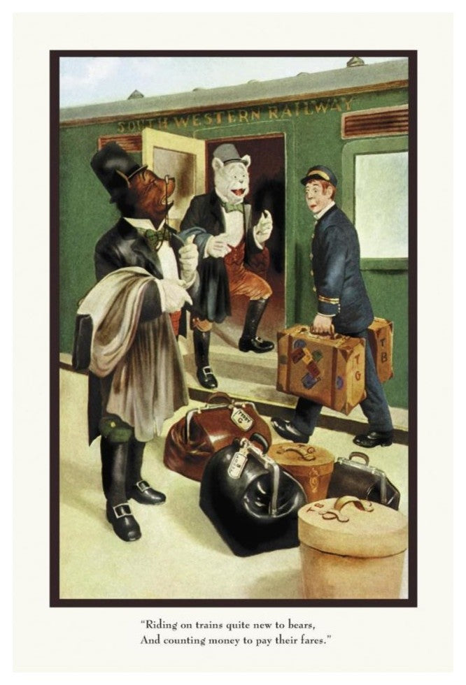 "Teddy Roosevelt's Bears: Teddy B and Teddy G Riding Trains" Paper Art, 26"x38"
