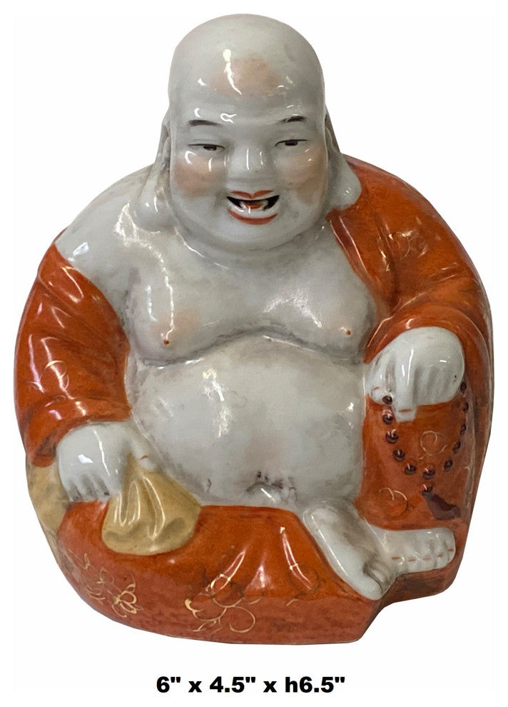 Vintage Finish Orange Off White Porcelain Happy Buddha Statue Hws1585