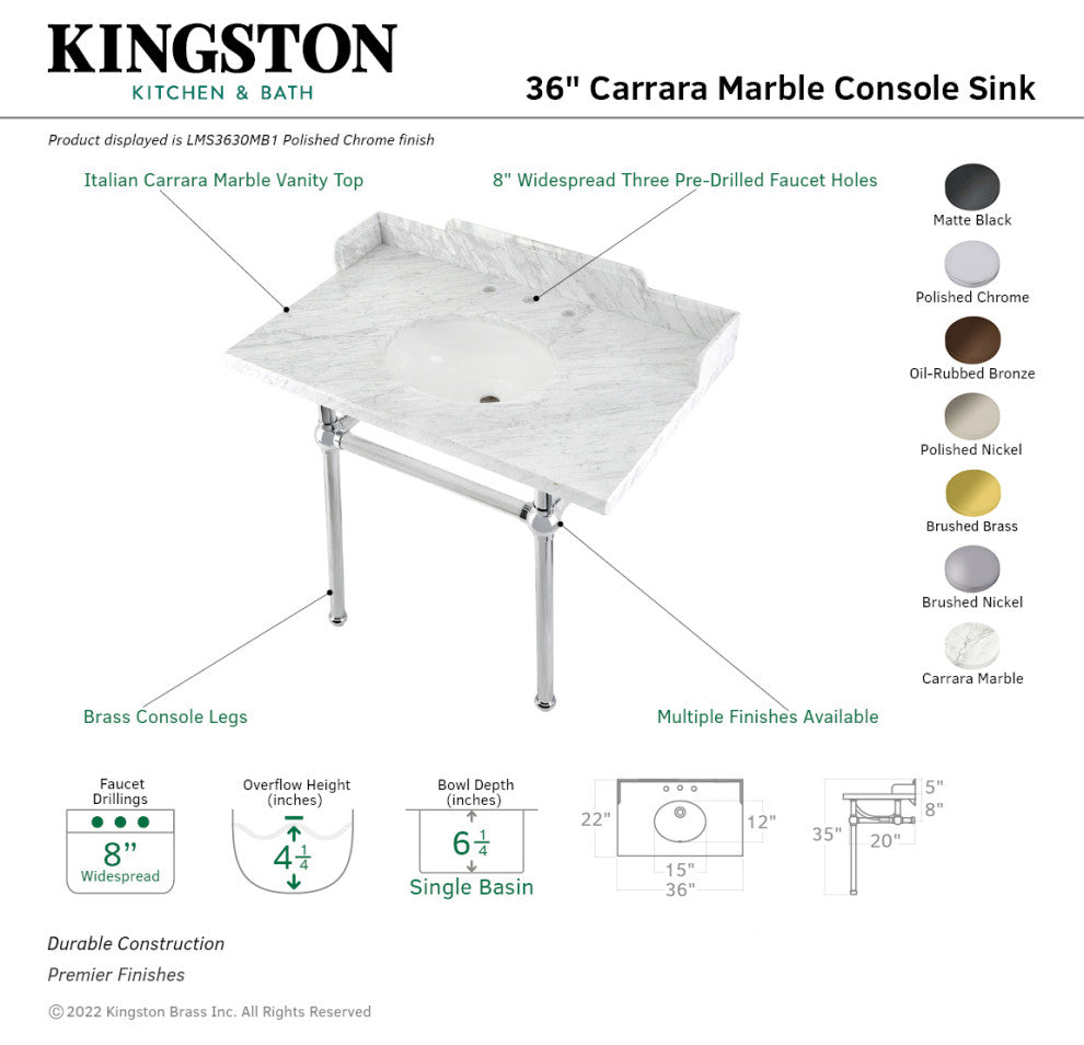 Kingston Brass LMS3630MB1 36" Carrara Marble Console Sink, Legs
