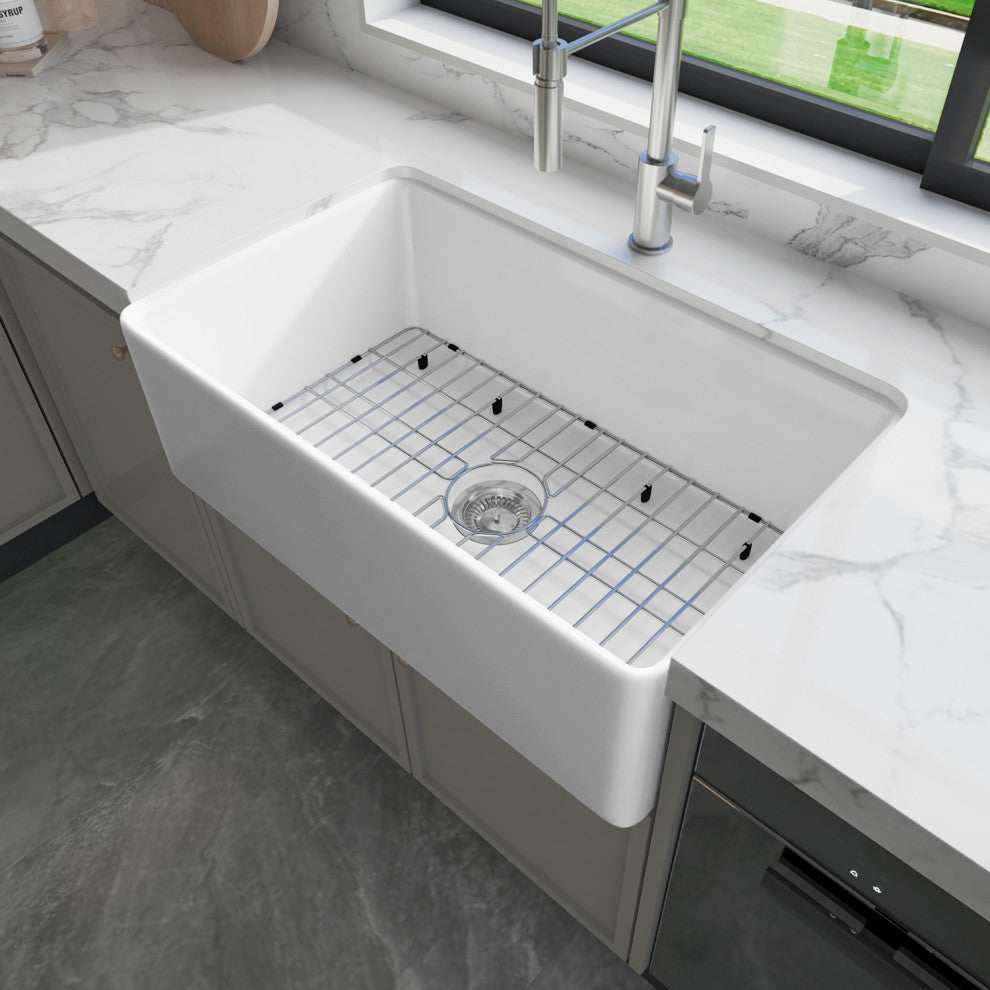 Sinber Farmhouse Apron Single Bowl Kitchen Sink with Fireclay 2 Accessories, White, 30" X 18"
