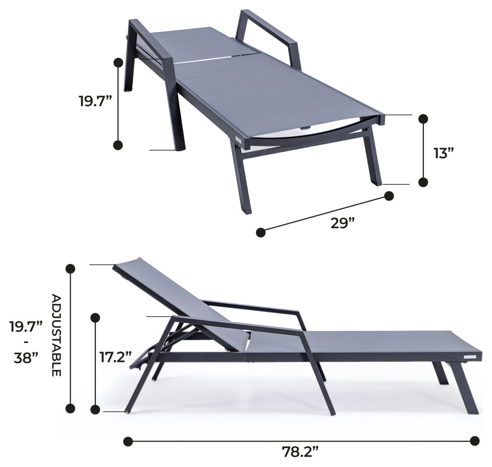 LeisureMod Marlin Outdoor Patio Stackable Chaise Lounge Chair with Arms Set of 2, Dark Gray