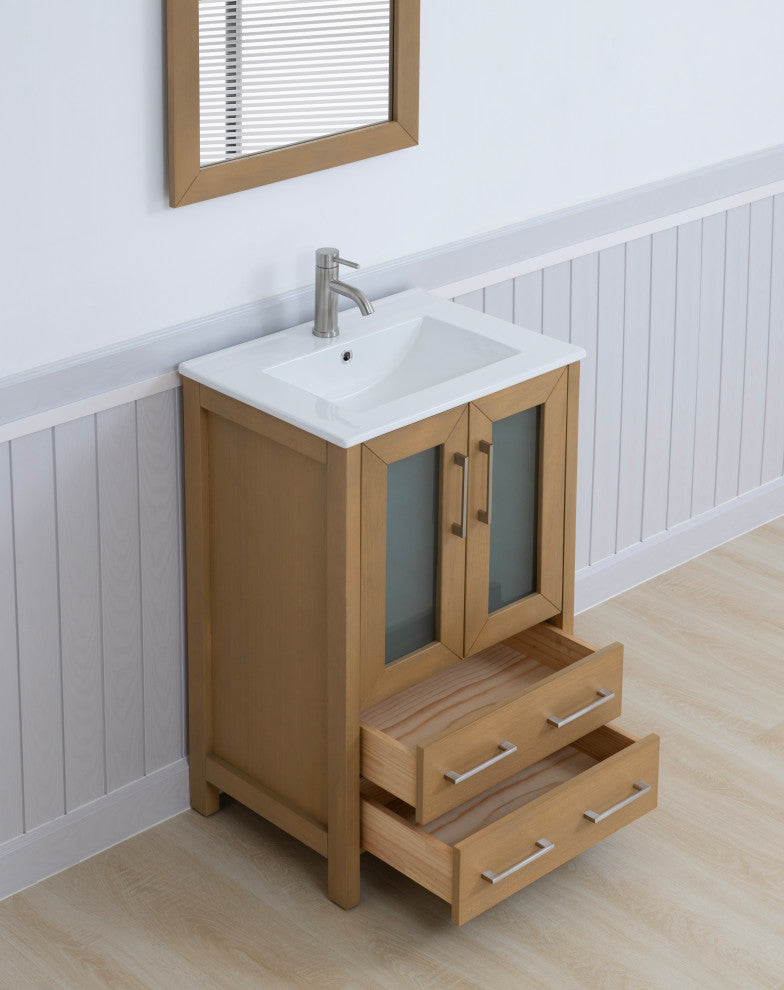 Vanity Art Vanity Set With Ceramic Top, 24", Natural Oak, Standard Mirror