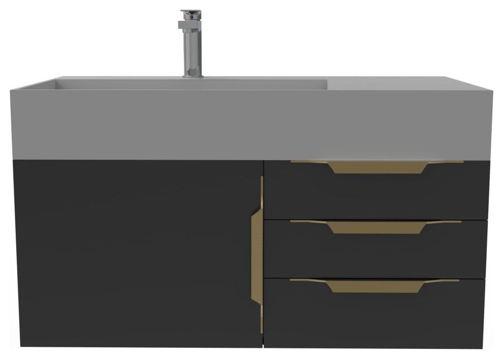 CastelloUSA Amazon 36" Wall Mount Vanity Set, Black, Gray Top, Gold Handles