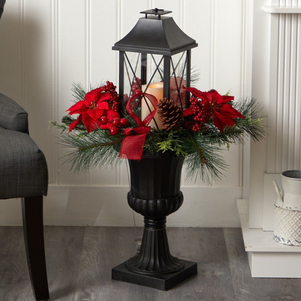 A1864 33 Holiday Christmas Berries and Poinsettia With Large Lantern