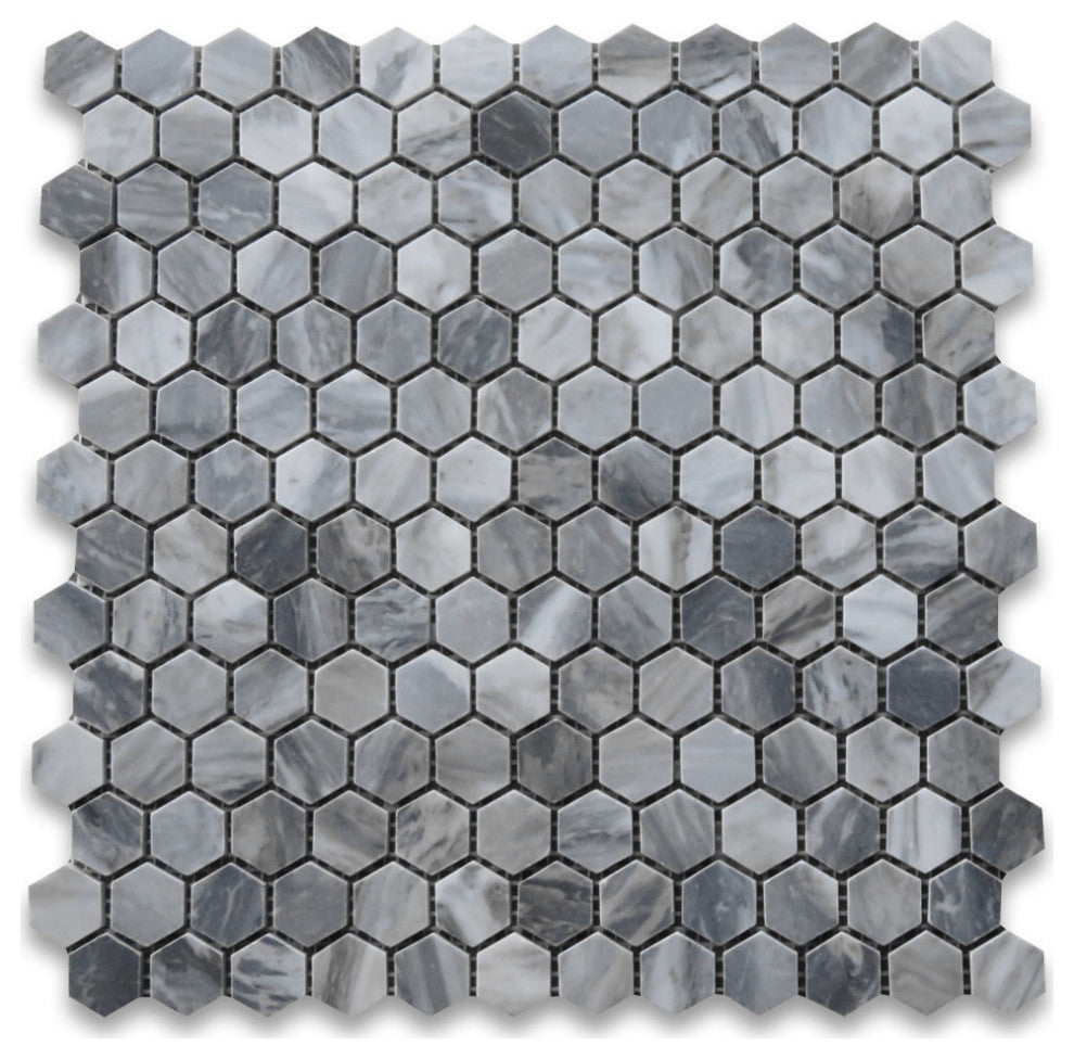 Bardiglio Gray Dark Grey Marble 1 inch Hexagon Mosaic Tile Honed, 1 sheet