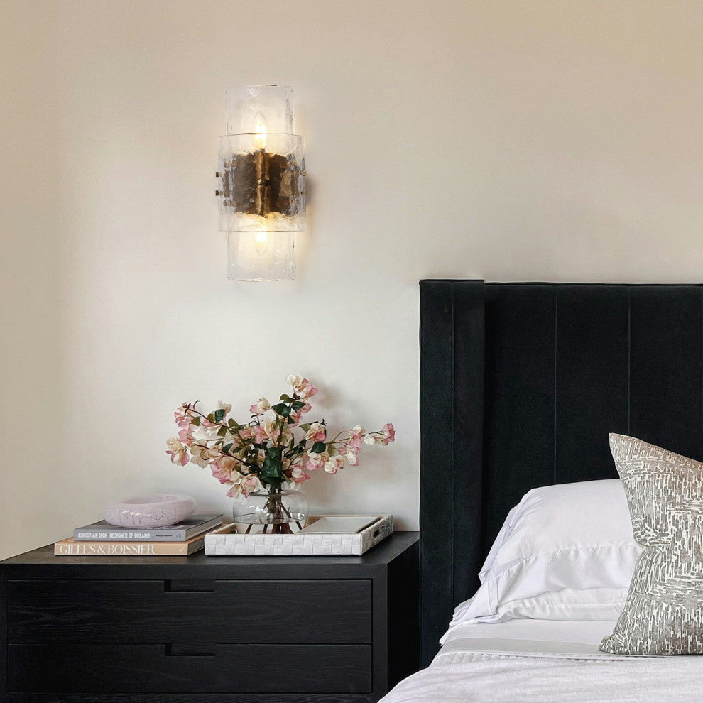 LNC Astridee 2-Light 6.3" Modern Candle Textured Glass Wall Sconce, Brass