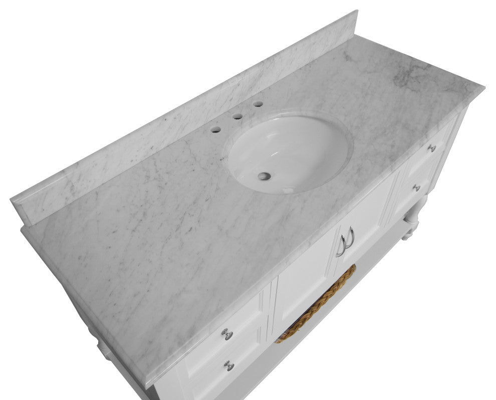 Beverly 60" Bath Vanity, White, Carrara Marble, Single Vanity