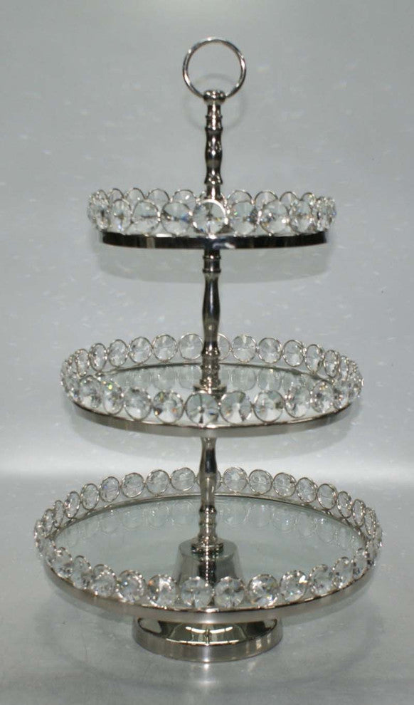 Elegance Three-Tier Glass and Nickel Plated Stand with Detachable Crystal Border