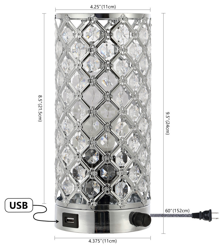 Lucie 9.5" Iron/Acrylic LED Mini Uplight Table Lamp With USB Port, Chrome/Clear