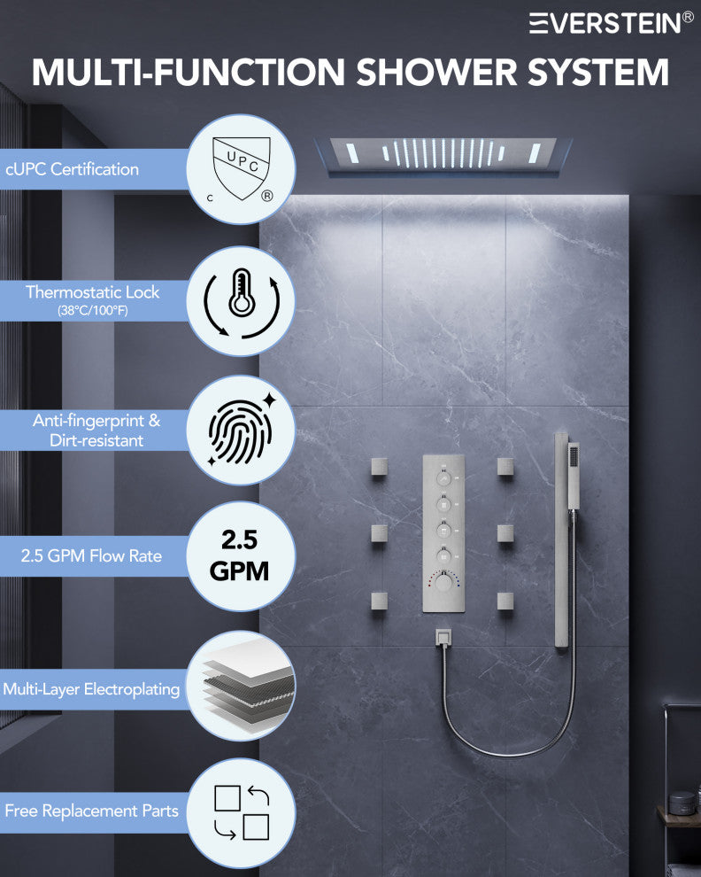 LED Thermostatic Shower System Rain Shower Head With 6 Body Jets, Brushed Nickel, 23"x15", Slide Bar