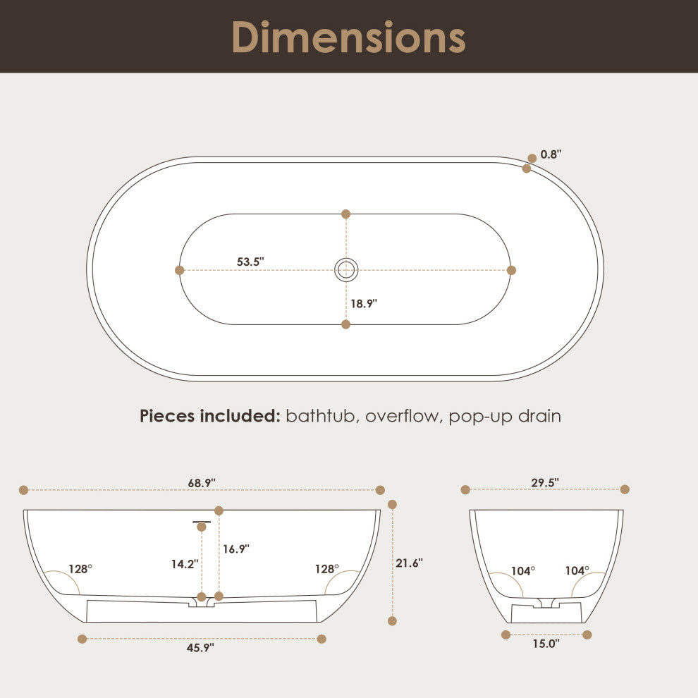 Ryder Flatbottom Freestanding Solid Surface Soaking Bathtub, Matte White, 69inch