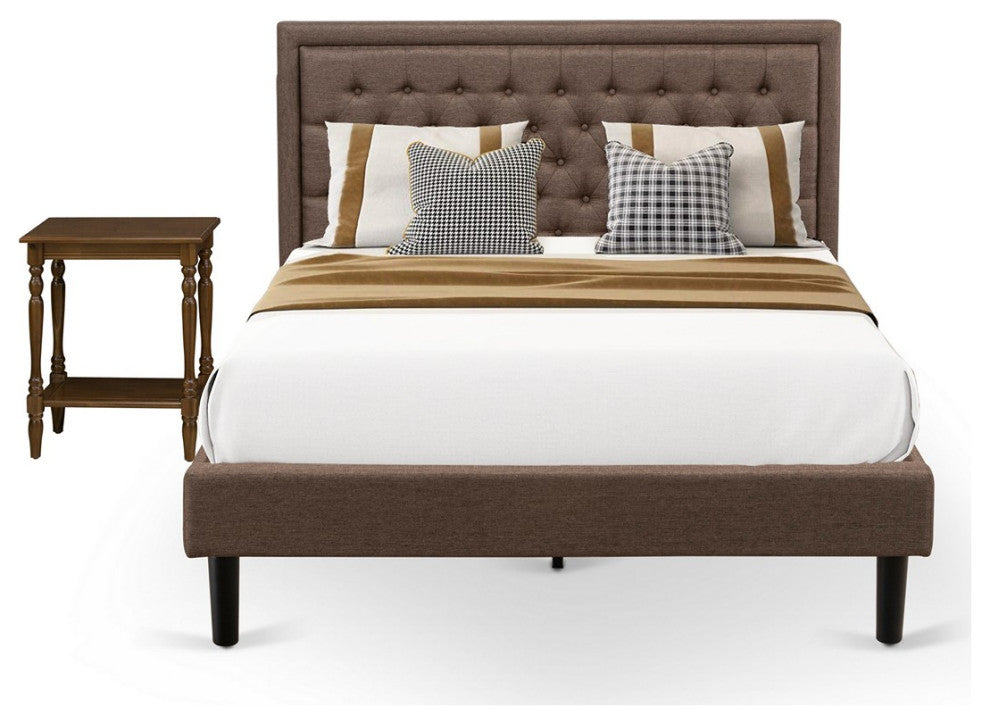 2Pc Bedroom Set, 1 Platform Queen Bed Frame Brown Padded, 1 Nightstand