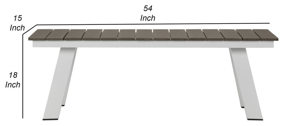Benzara BM287849 Outdoor Dining Bench, Gray Polyresin Top, White Aluminum Frame
