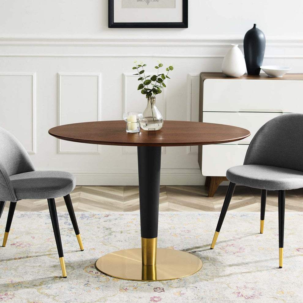 Dining Table, Oval, Wood, Metal, Gold Brown Brown Walnut, Cafe Bistro Restaurant