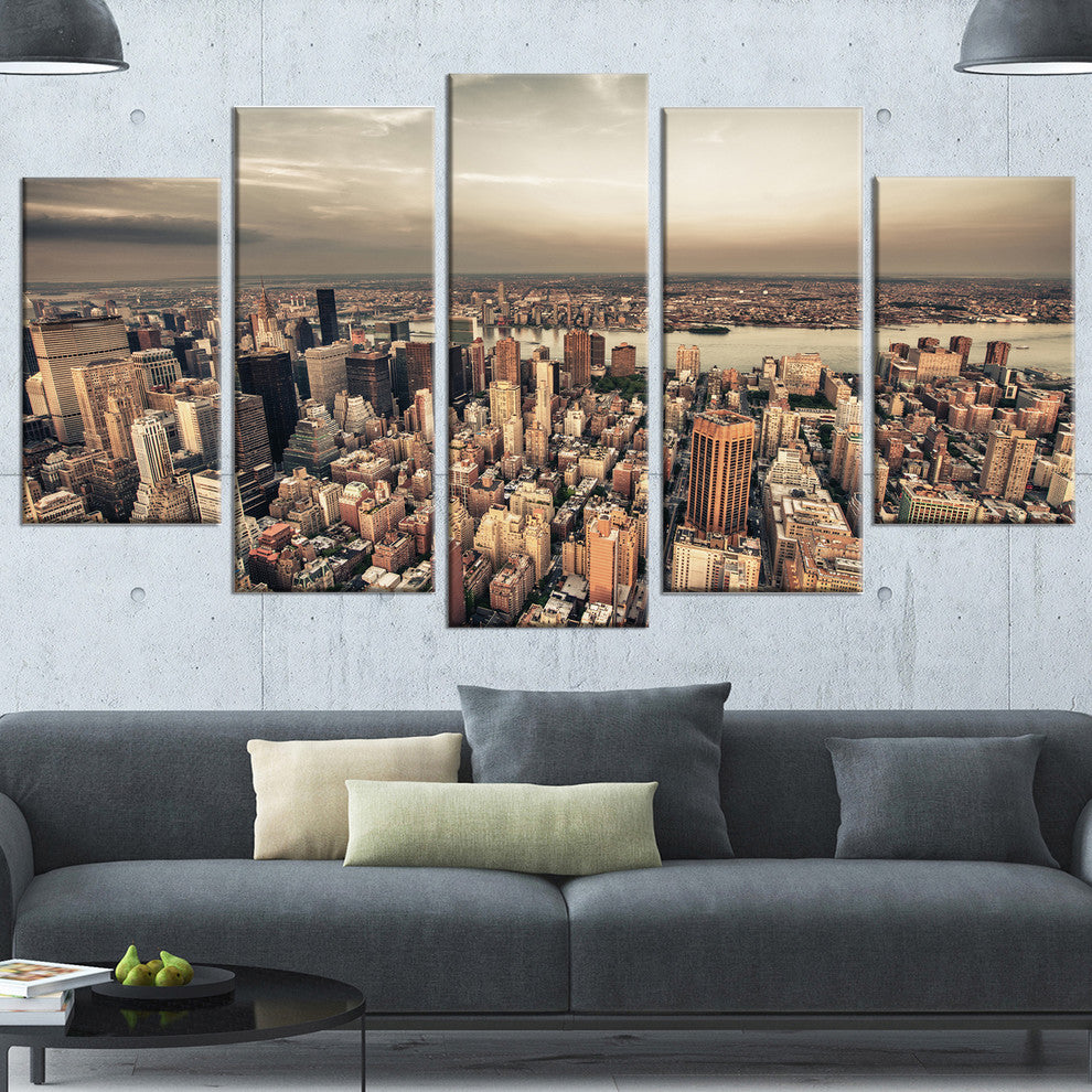Manhattan Skyscrapers Aerial View, Cityscape Canvas Print, 60"x32", 5 Panels