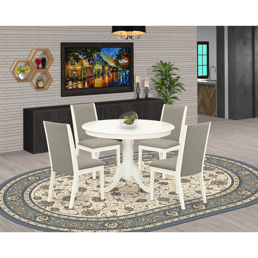 5Pc Dining Set 4 Chairs, Round Table Solid Wood Structure High Back, Linen White