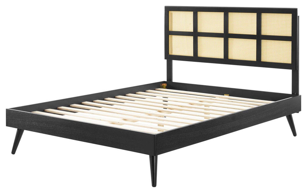 Platform Bed Frame, King Size, Wood, Black, Modern Mid-Century, Bedroom Master