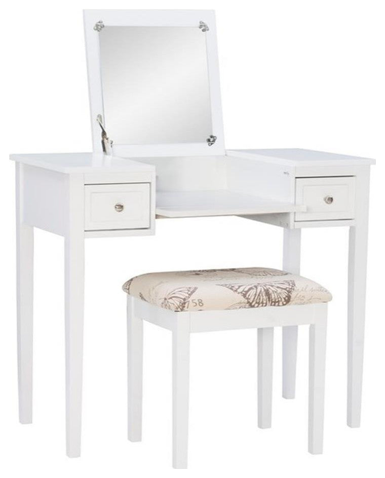 Linon Butterfly Wood Vanity & Padded Seat Stool Flip Up Mirror Storage in White