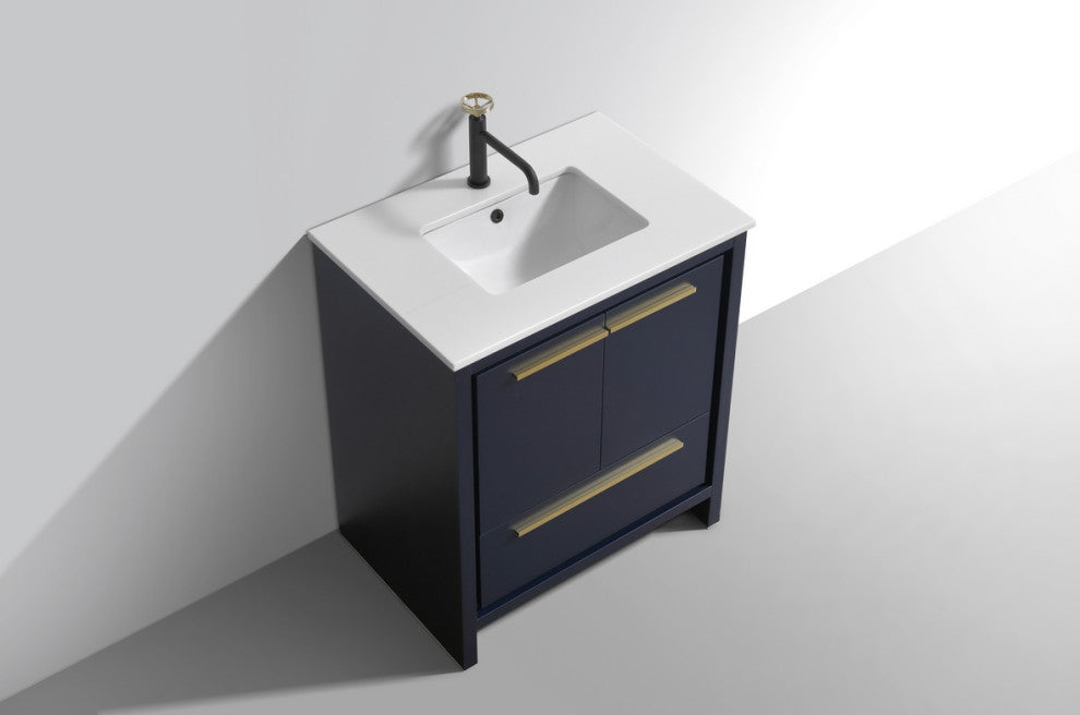 KubeBath Dolce 30" Bathroom Vanity, White Quartz Countertop, Blue