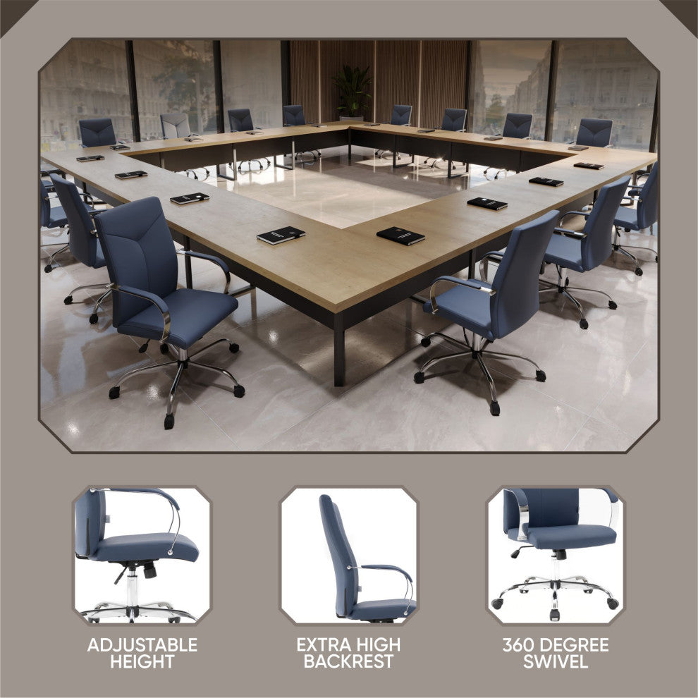 LeisureMod Sonora High-Back Adjustable Leather Conference Chair, Navy Blue
