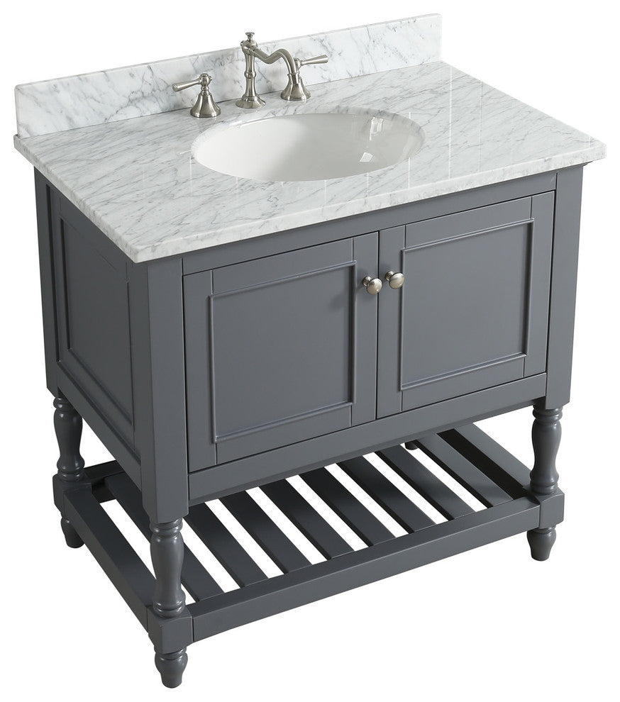 Silvia Bathroom Sink Vanity Set, White Marble Top, Base: Charcoal, 36"