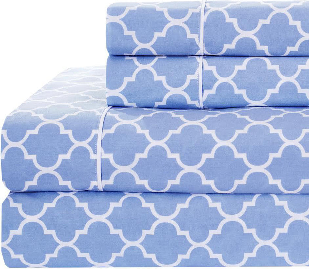 Percale Meridian 100% Cotton Sheet Set, Periwinkle and White, King