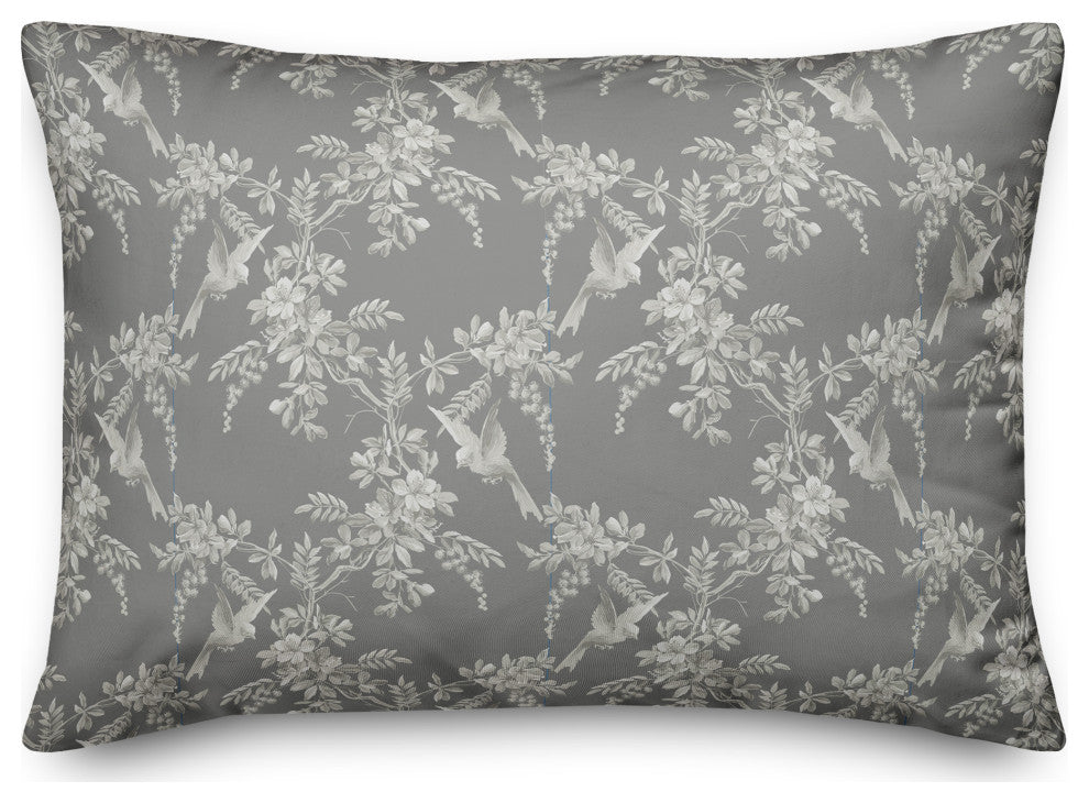 Birds Leaves Monochrome On Gray 7 14x20 Spun Poly Pillow