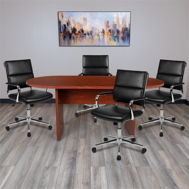 5 Piece Cherry Oval Conference Table Set with 4 Black LeatherSoft Chairs