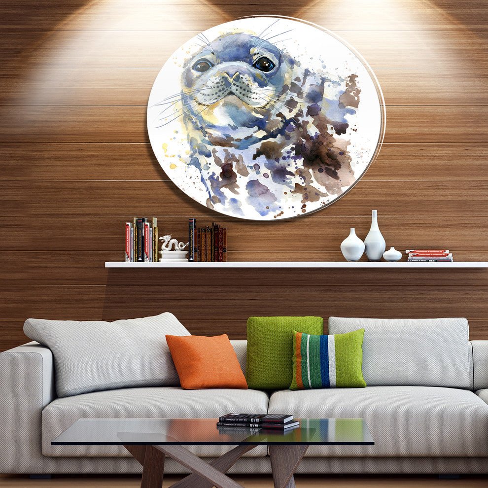 Blue Marine Seal Watercolor, Animal Art Round Wall Art, 23"