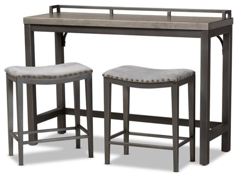 Baxton Studio Noll Gray Upholstered 3-Piece Metal Counter Table Set